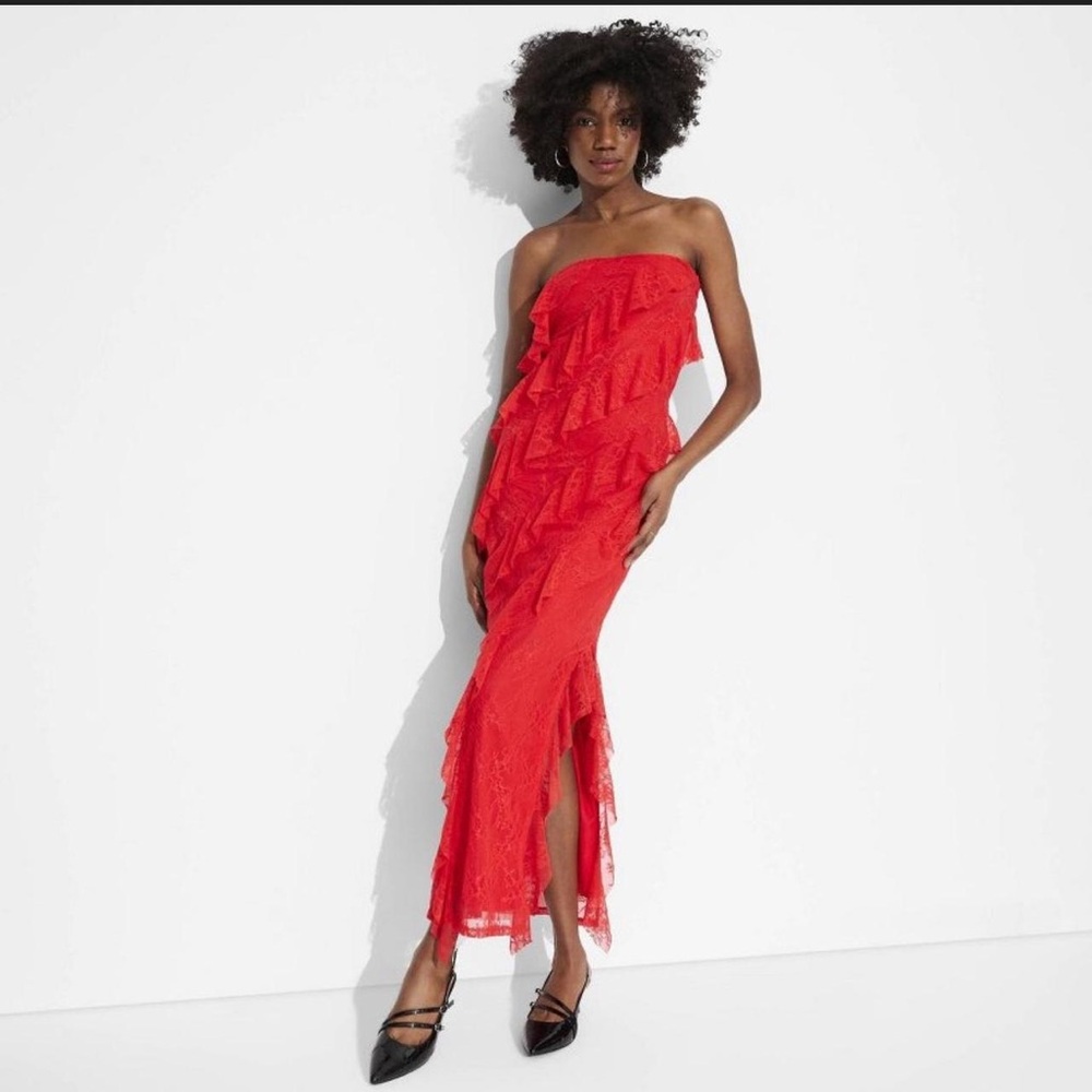 TARGET Red Lace Ruffle Navy Strapped Tube Bodycon Side Slit Stretch Dress Sz M